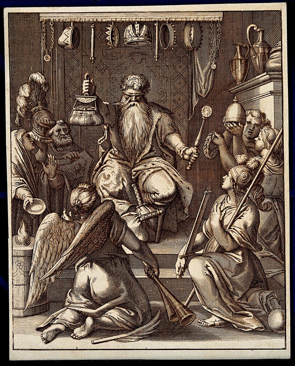 A seated blindfolded king holding up a purse filled with coins and a sceptre, with allegorical figures kneeling before him.…
