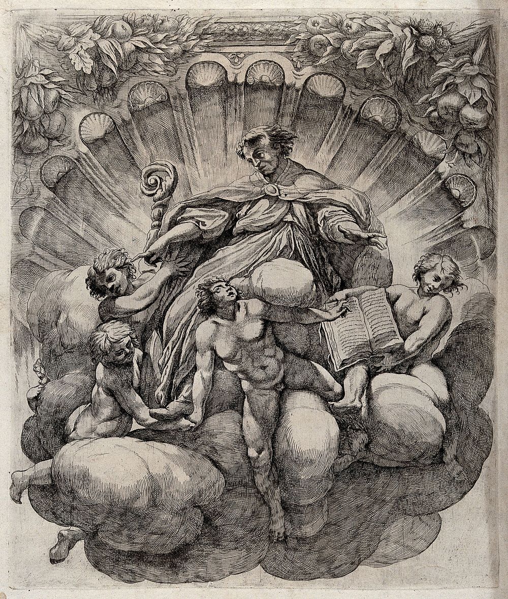 A bishop surrounded by six angels. Etching by G.B. Vanni after A. Correggio.