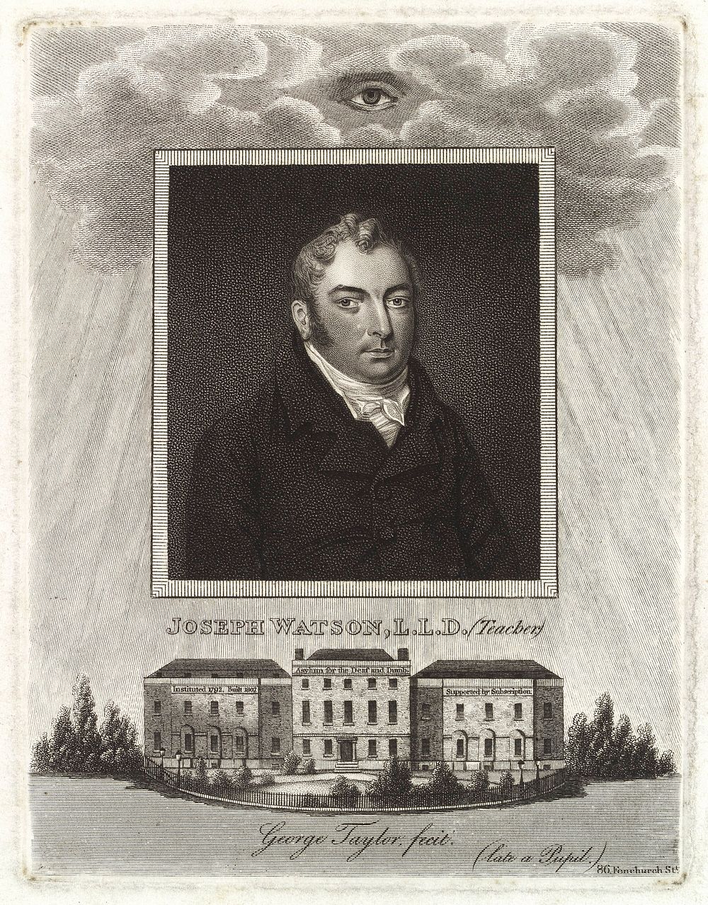 Joseph Watson, and the Asylum for the deaf and dumb, Camberwell, in which he taught. Engraving.