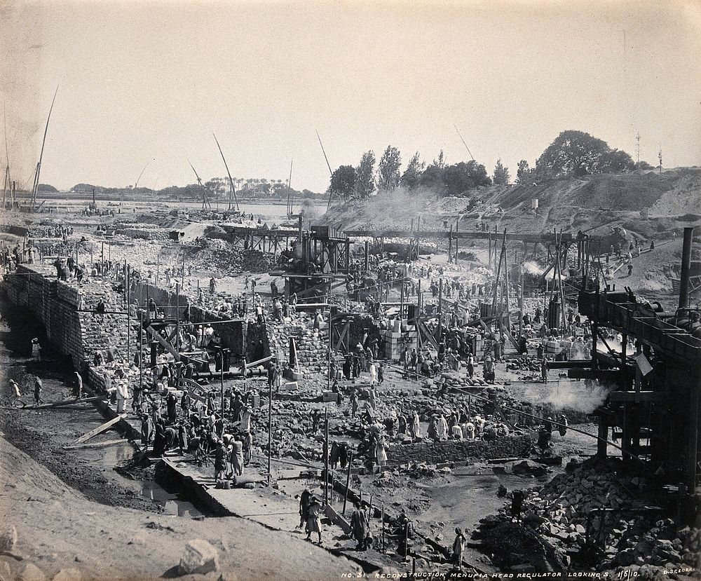 Menufia, Egypt: reconstruction work to the first Aswan Dam: men at work; southerly view. Photograph by D.S. George, 1910.