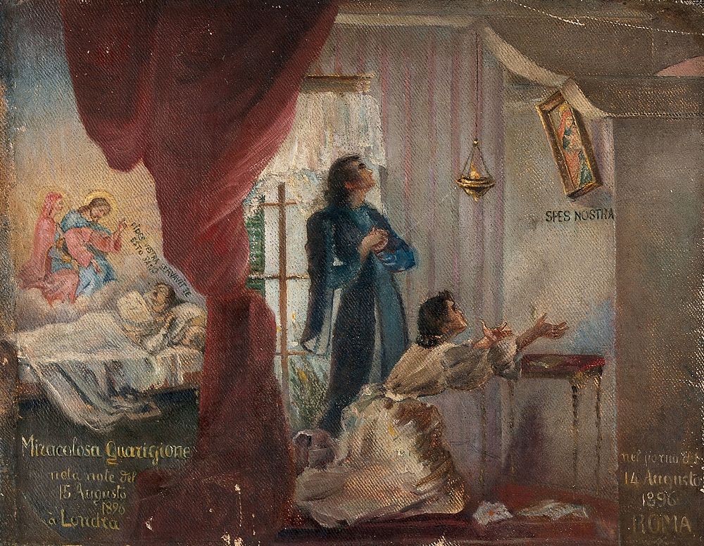 Cure at London following prayer at Rome. Oil painting by an Italian painter, 1896.