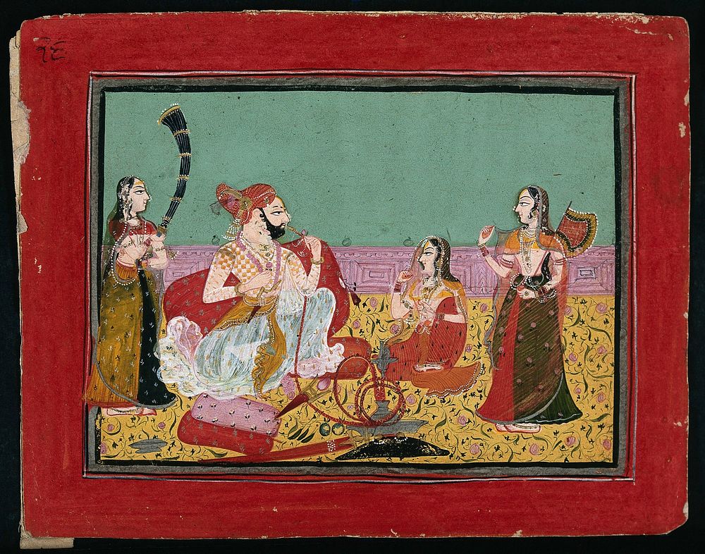 Maharaja Deepseev  sitting and smoking a hookah pipe, as two female attendants fan him and a third looks on. Gouache…