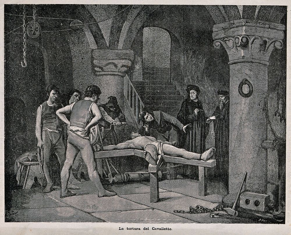 A man dressed in a loincloth is tortured on the rack with a priest bending over him to extract a confession. Wood engraving…
