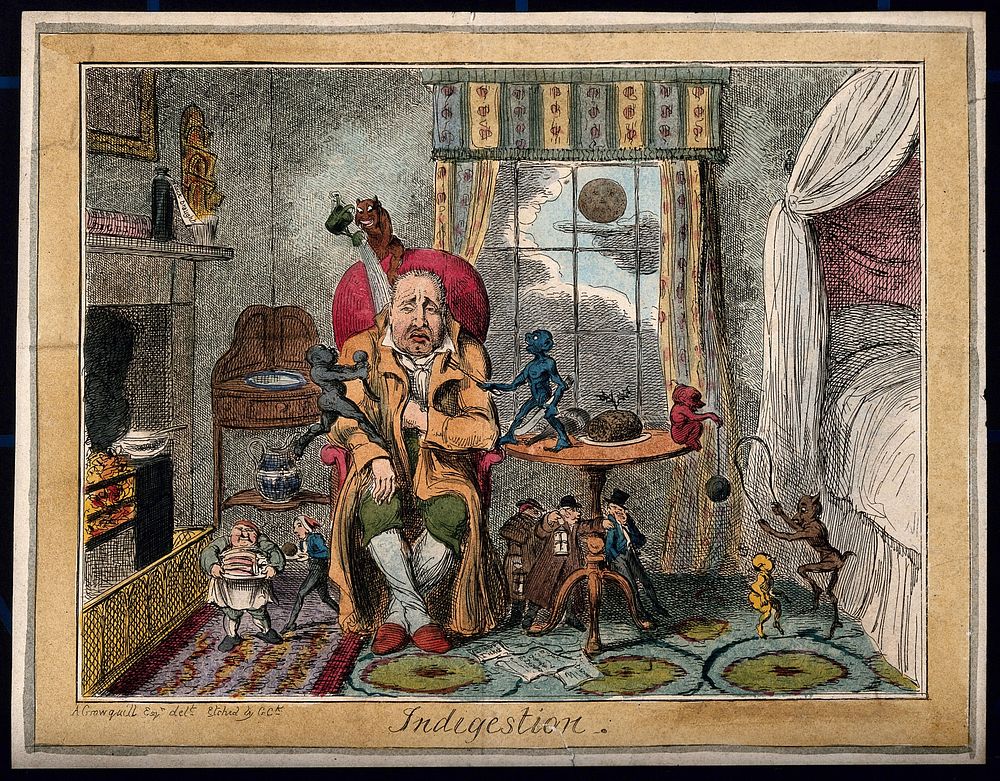 A man suffering from indigestion; suggested by little characters and demons tormenting him. Coloured etching by G.…