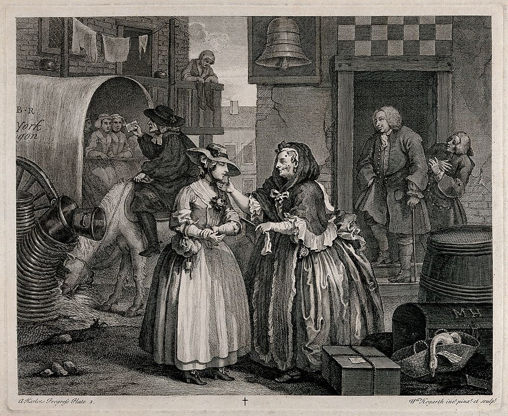 Moll Hackabout is greeted by the brothel keeper, Mother Needham; in the background Colonel Francis Charteris stands at a…