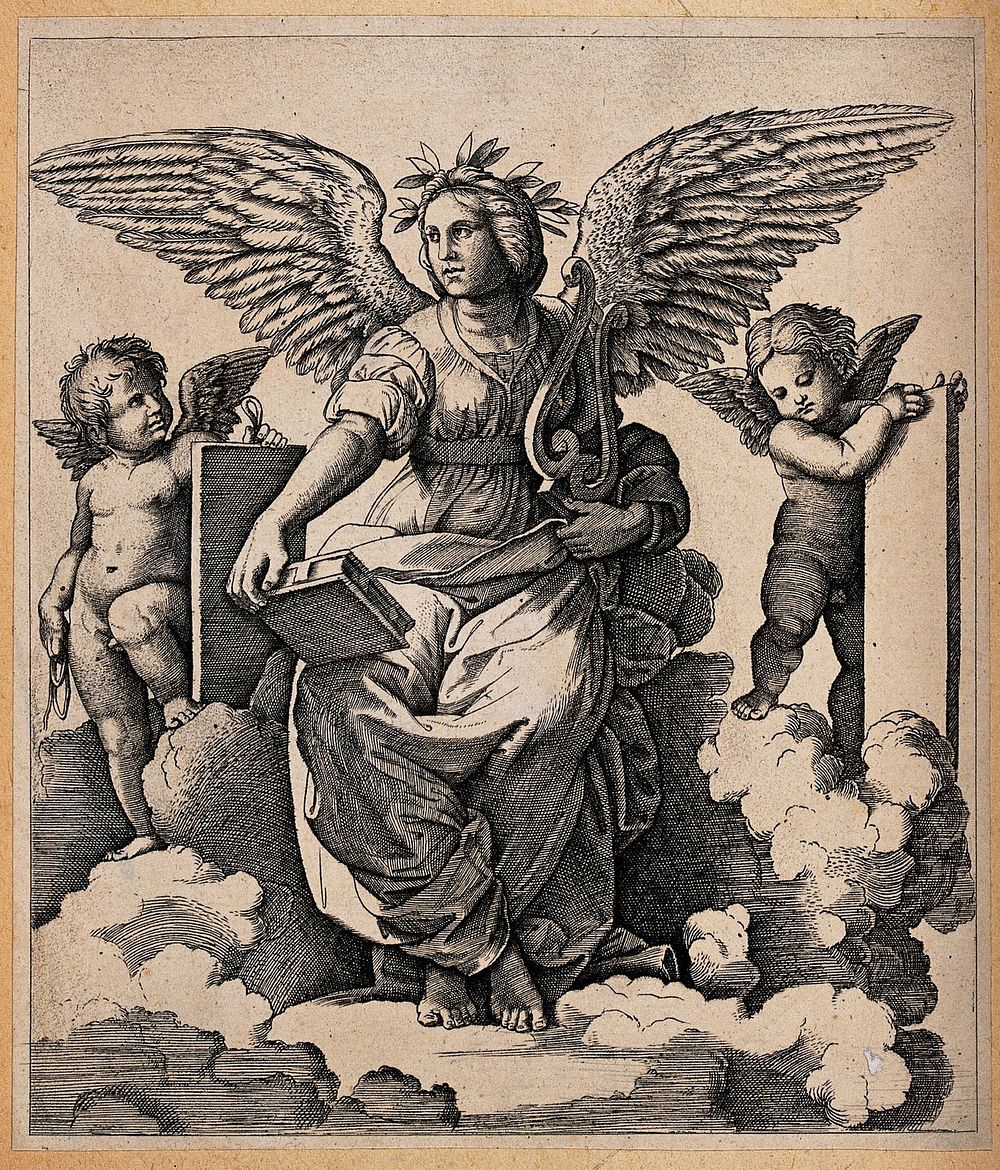 A winged woman holding a lyre and a book; representing Poetry. Process print after M.A. Raimondi after Raphael.