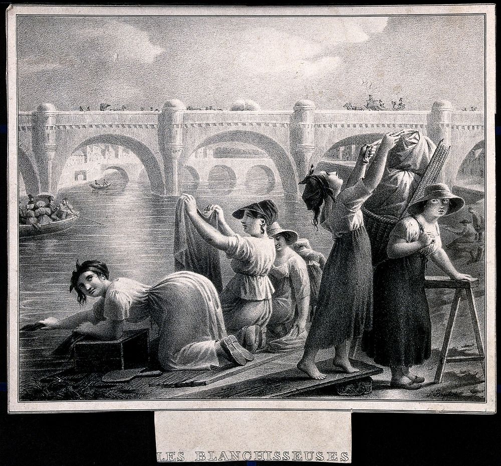 A group of women are washing clothes in the river. Lithograph.