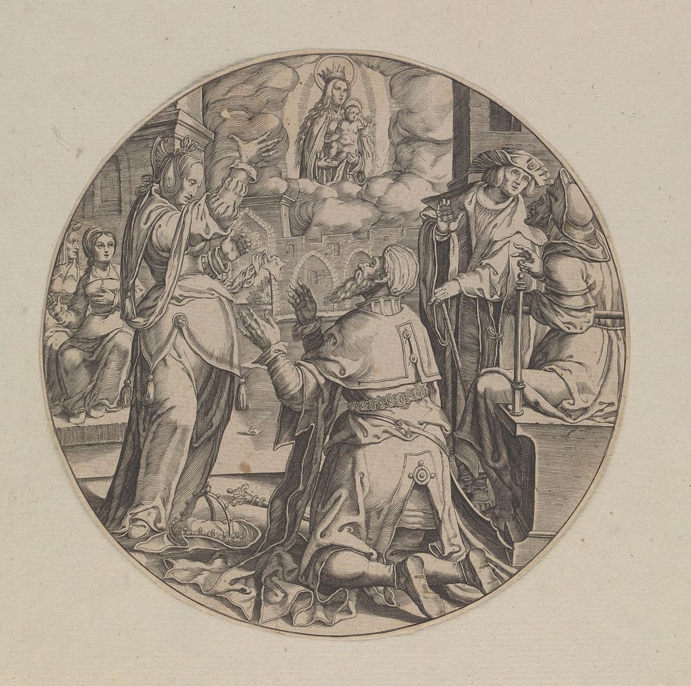 Augustus and the Tiburtine sibyl. Engraving attributed to B.W. Dolendo, 16--, after L. van Leiden.