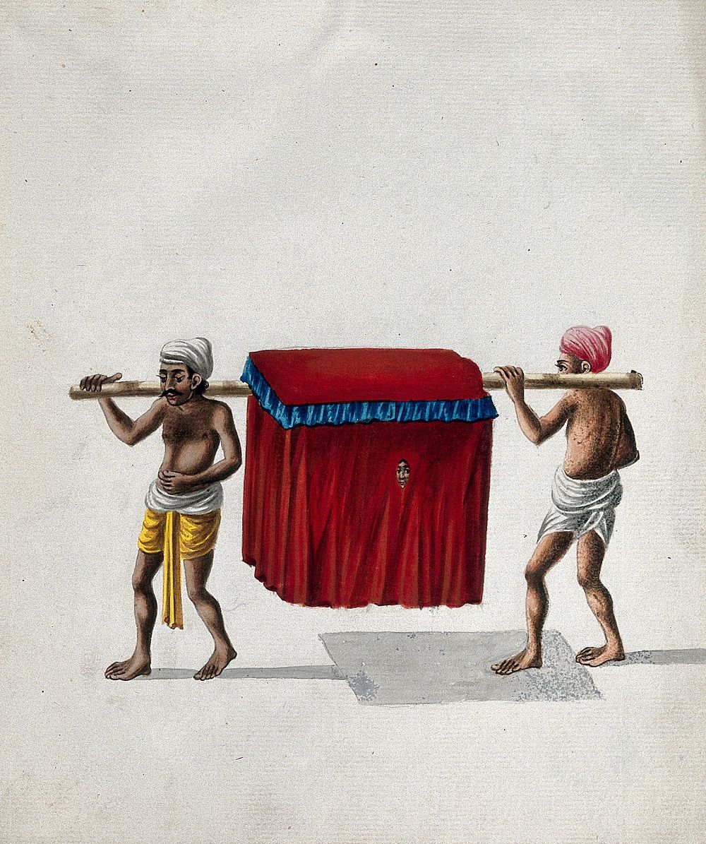 Two men carrying a covered palaquin, with a face peering out. Gouache painting by an Indian artist.