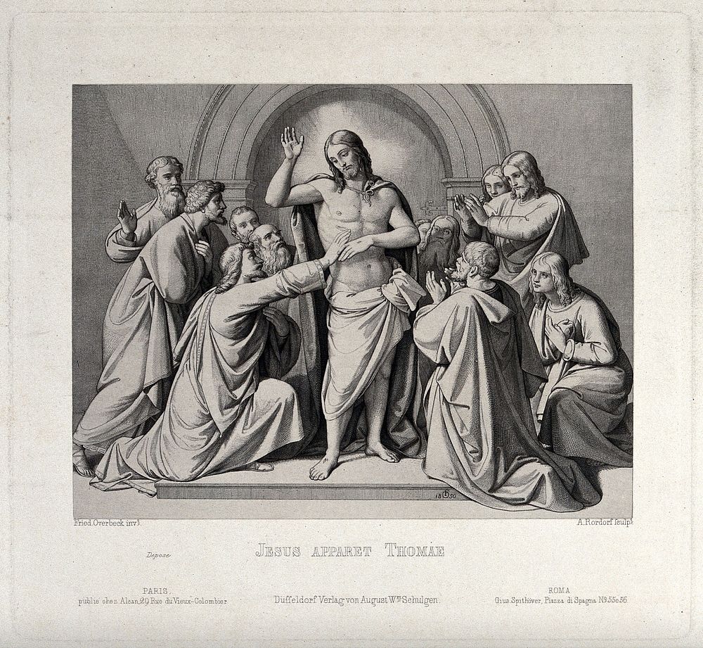Christ appearing to the apostle Thomas, who touches his stigmata. Engraving by A. Rordorf, 1850, after J.F. Overbeck.