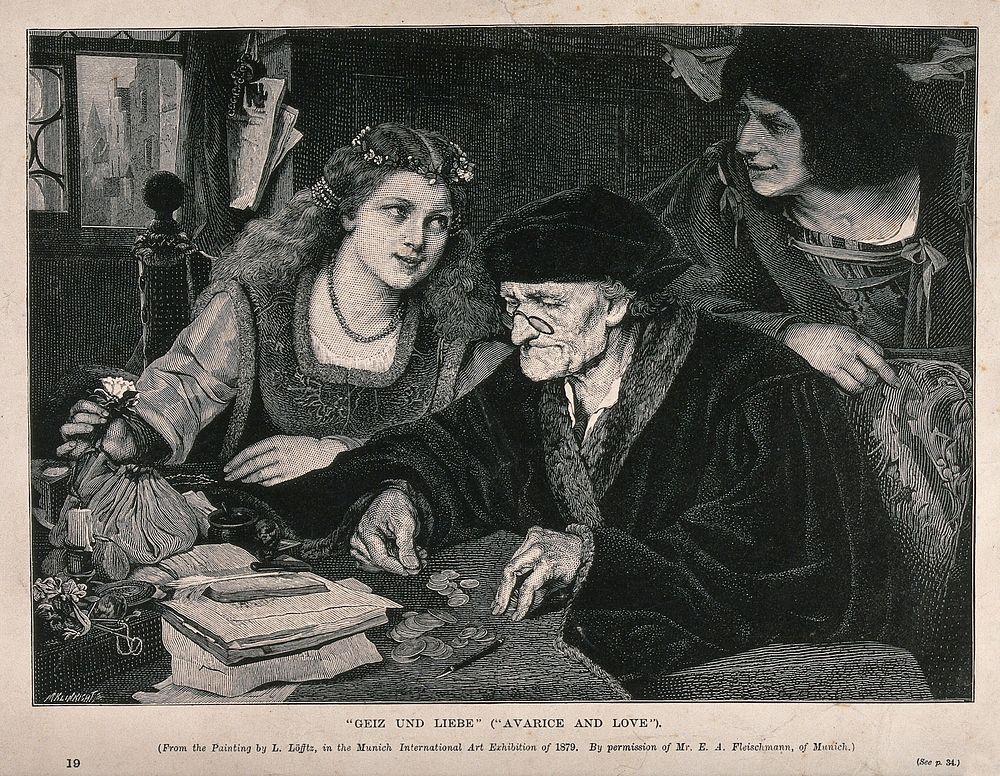 An old man is sitting at a table counting his money as a young couple look at one another over his head. Wood engraving by…