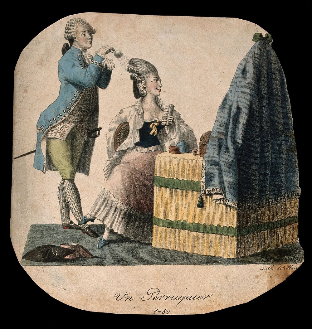 A woman at her dressing table in 1780 having her hair powdered by a male attendant. Coloured lithograph by Villain .