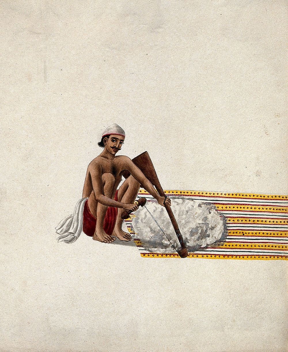 A man carding cotton. Gouache painting by an Indian artist.