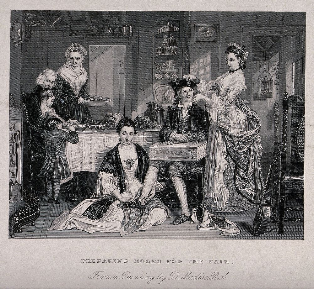 The family of the vicar of Wakefield is eating at a table as the two daughters dress their brother for the fair. Engraving…