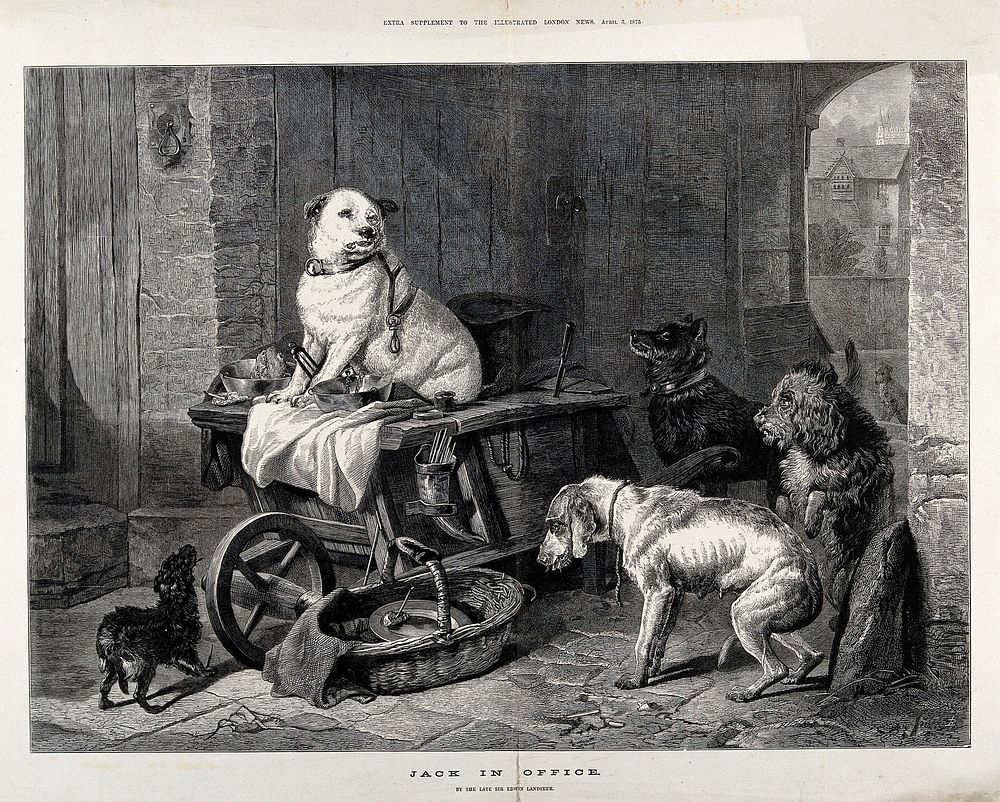 A dog sits on a grinder's cart, surrounded by a group of dogs looking up in reverence. Wood engraving by R.L.  after E.…