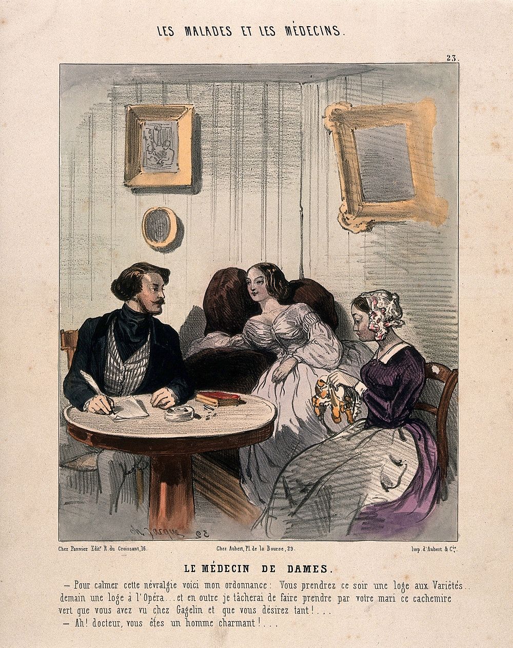 A physician prescribing entertainment as a cure for a young woman's nervous illness. Coloured lithograph by Ch.-E. Jacque.