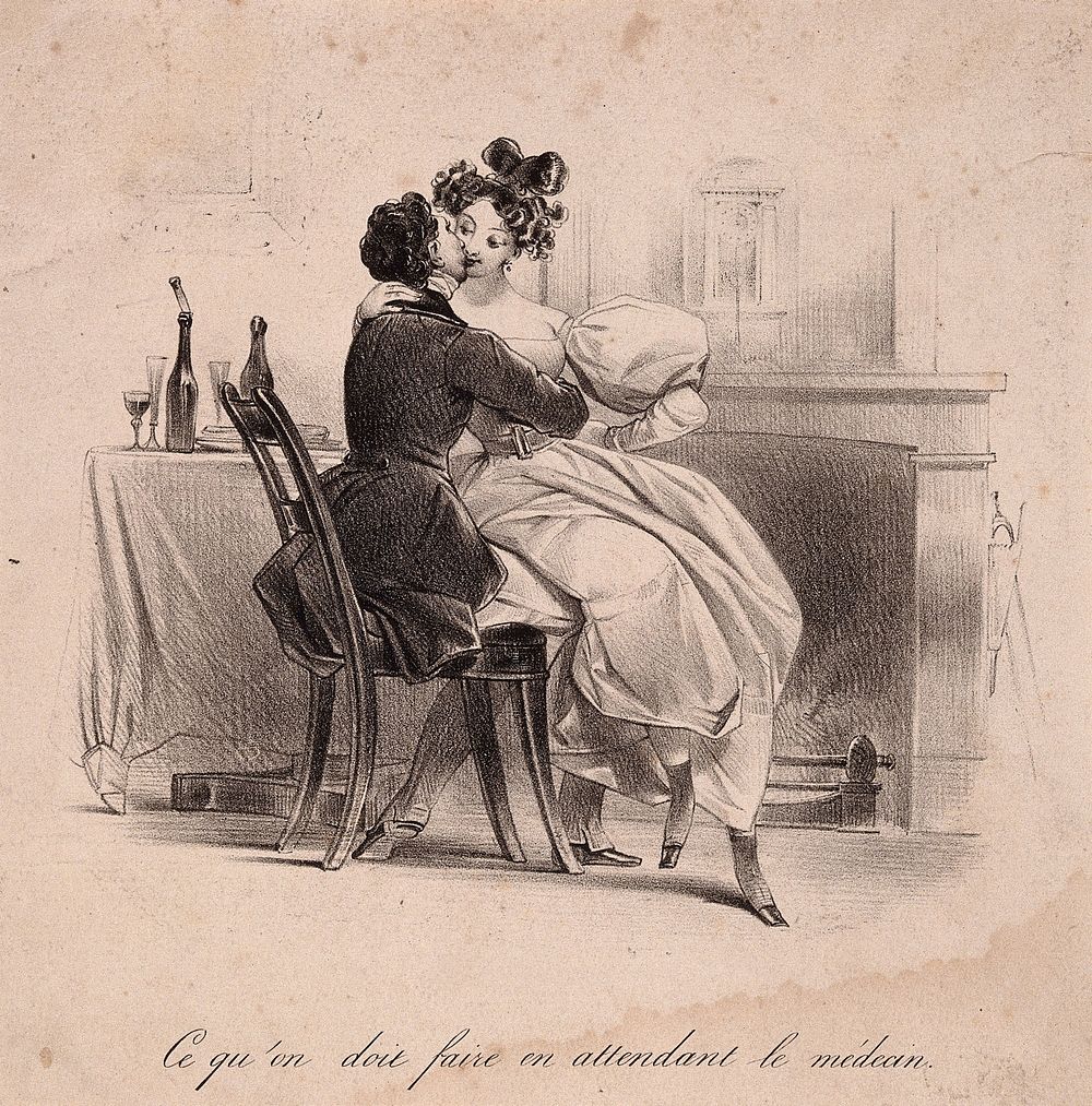A female patient sits on her doctor's lap. Lithograph.