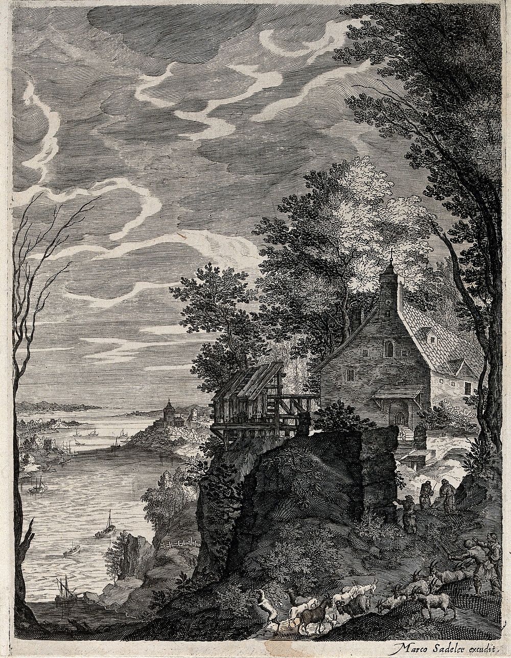 Goatherds driving their flock in a river landscape. Engraving, 16--.