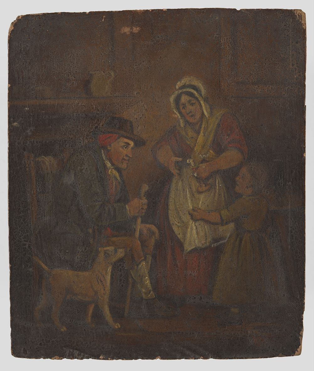 A seated man and a girl look at a candle held by a woman. Oil painting by S. Jenner, 1871.
