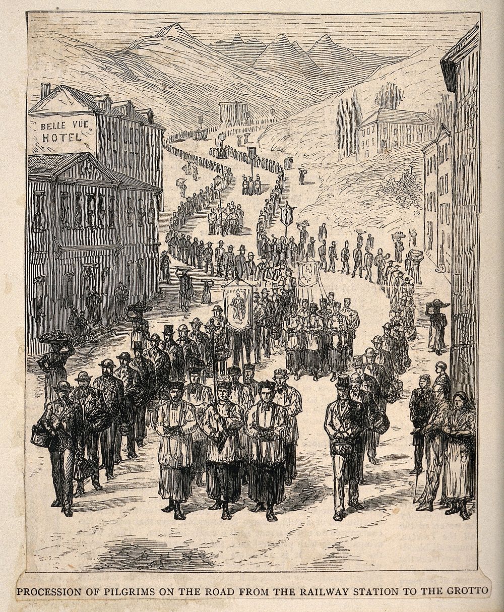 Lourdes, Haute Pyrénées, France: procession from the railway station to the grotto. Wood engraving.