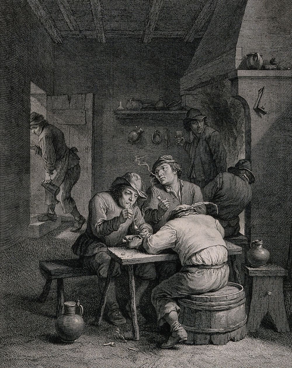 Five Flemish men smoke, drink and sleep in a dingy smoke den. Engraving by D. Sornique, early 18th century, after D.…