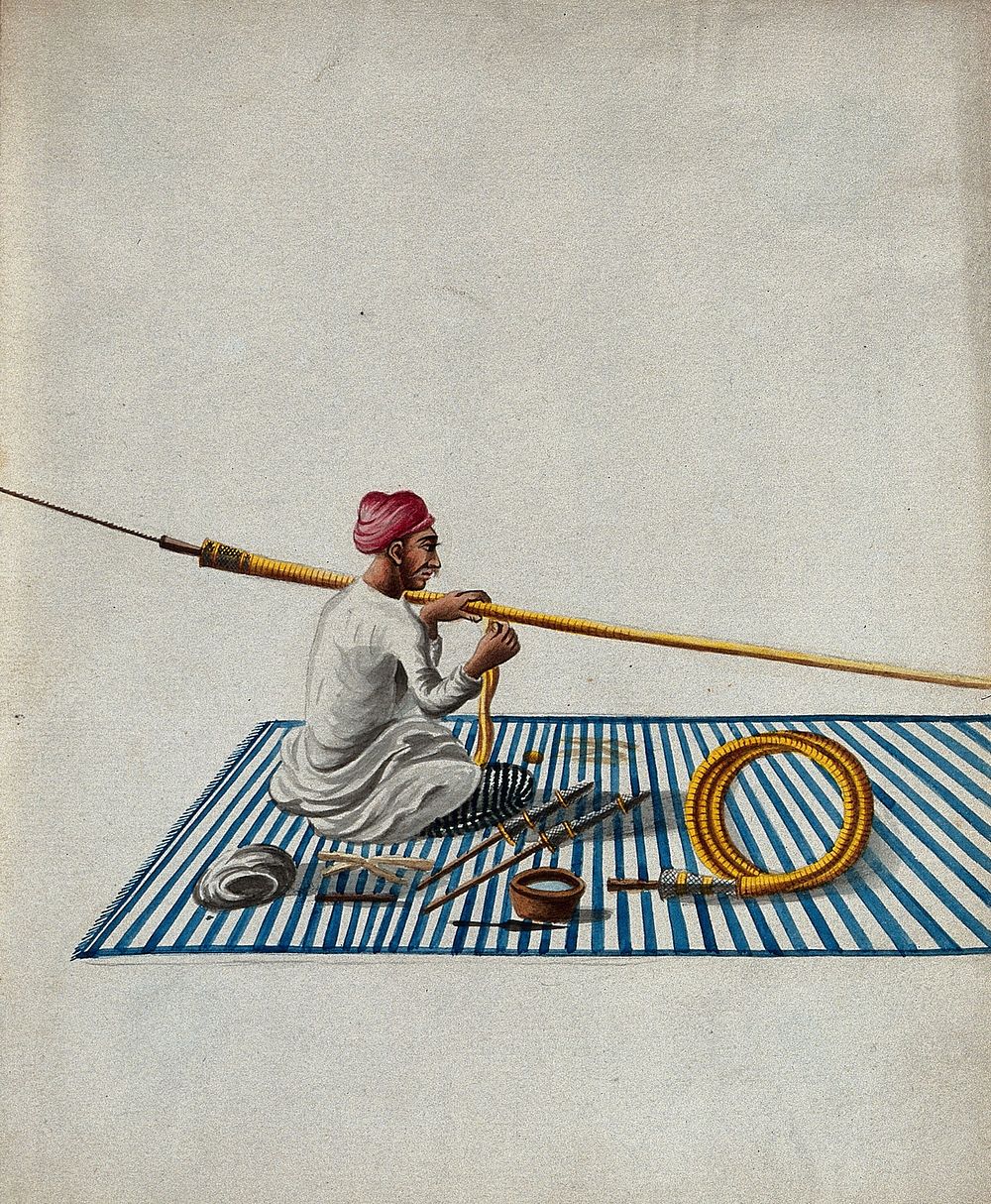 A man sitting on a carpet making hookah pipes. Gouache painting by an Indian artist.