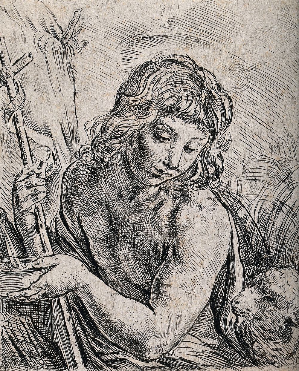 Saint John the Baptist in the wilderness, next to a spring of water. Etching by Girolamo Rossi after G. Reni.
