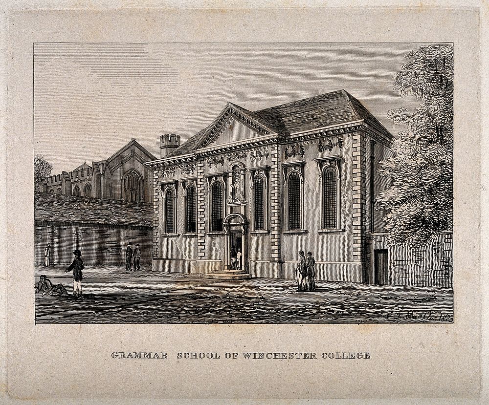 Grammar School of Winchester College, Winchester, Hampshire. Etching by Buckler, 1823.