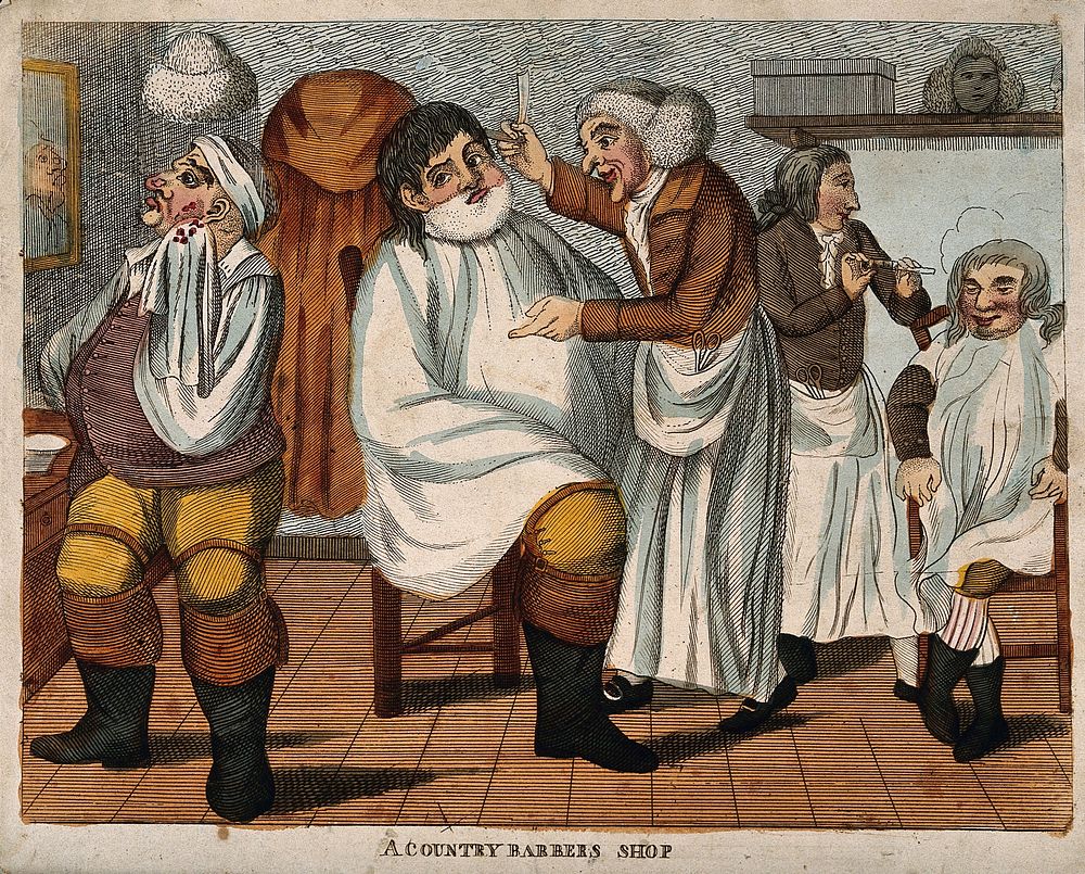 A country barber shaving a farmer; another farmer looks into a mirror while he stanches the cut on his face; right, a second…