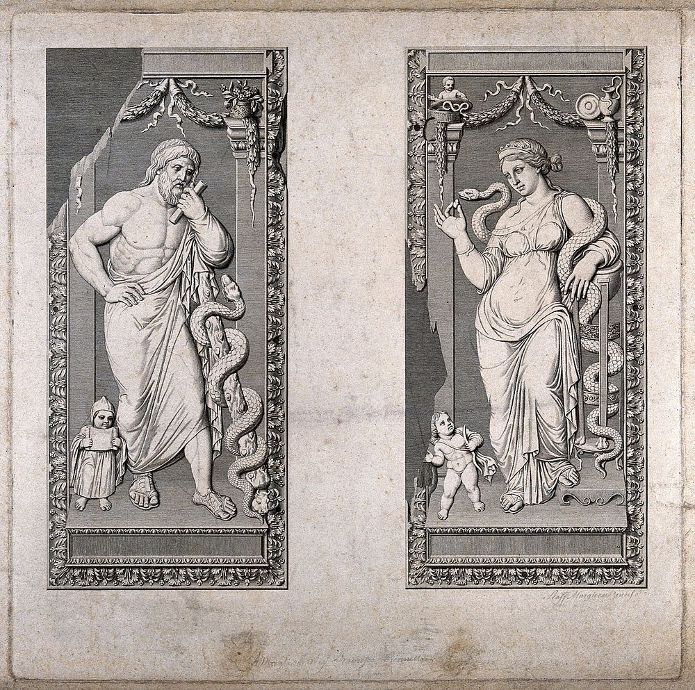 An ivory diptych containing sculptures of Aesculapius with Telesphorus and of Hygieia with Cupid. Engraving by R. Morghen.