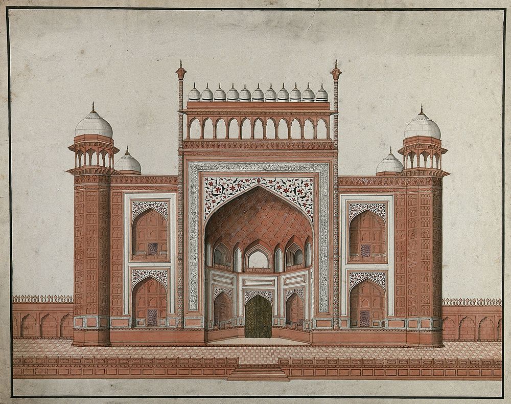 Agra: Gateway leading to the Taj Mahal. Gouache painting by an Indian painter.