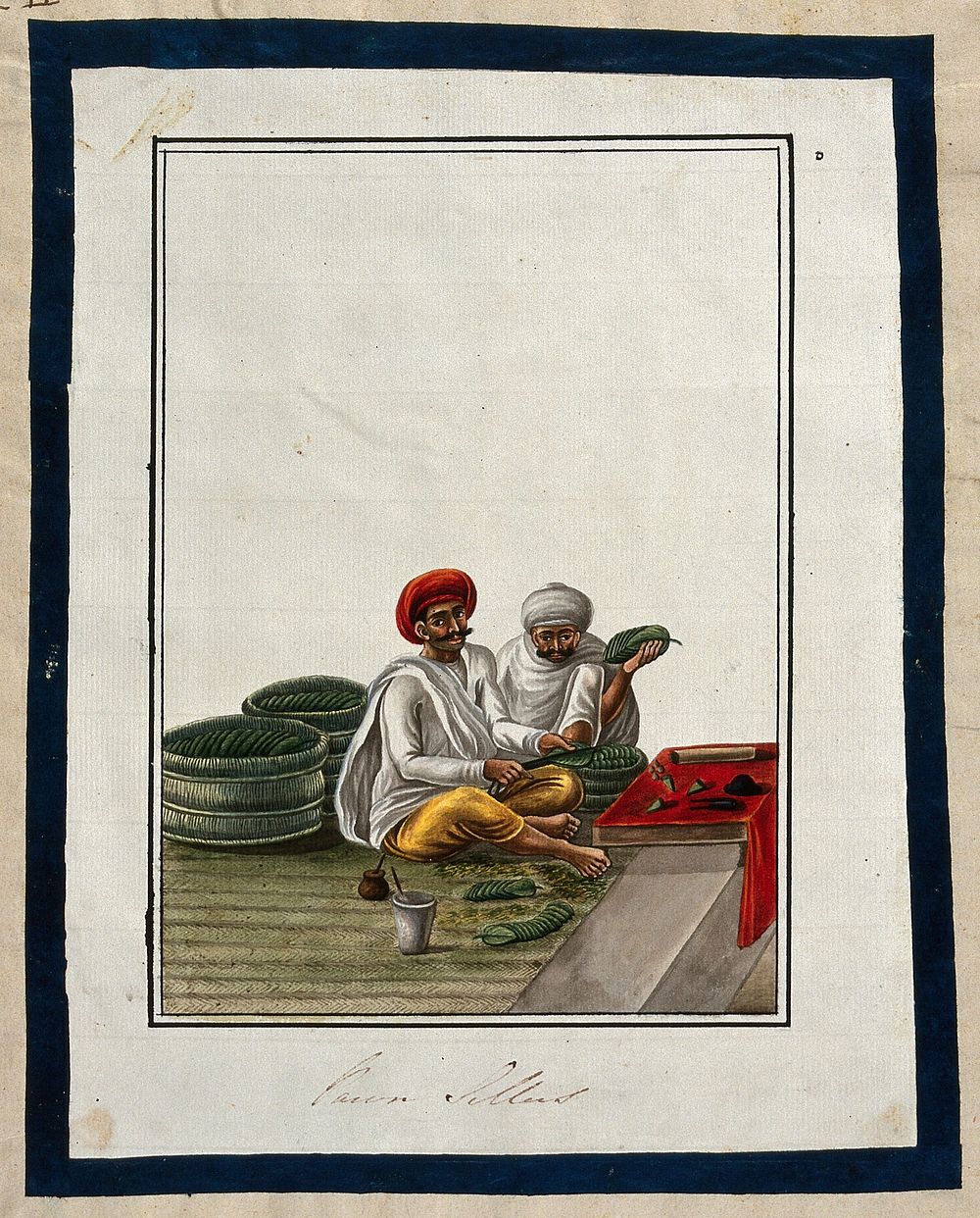Two men selling pan (betel leaves). Gouache painting by an Indian artist.