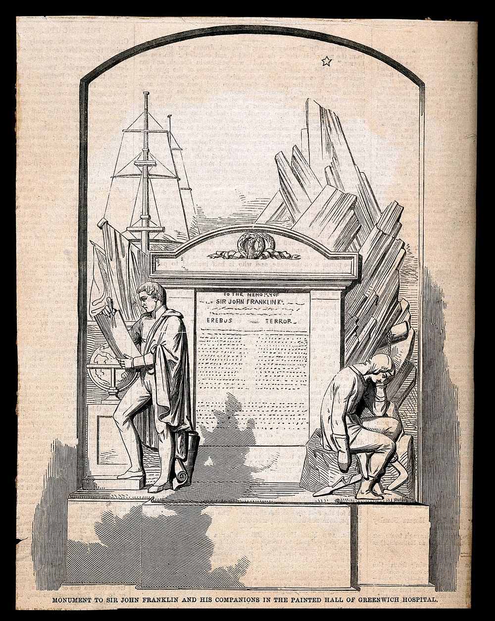 Monument to Sir John Franklin in the Painted Hall at Greenwich Hospital. Wood engraving after R. Westmacott, 1859.