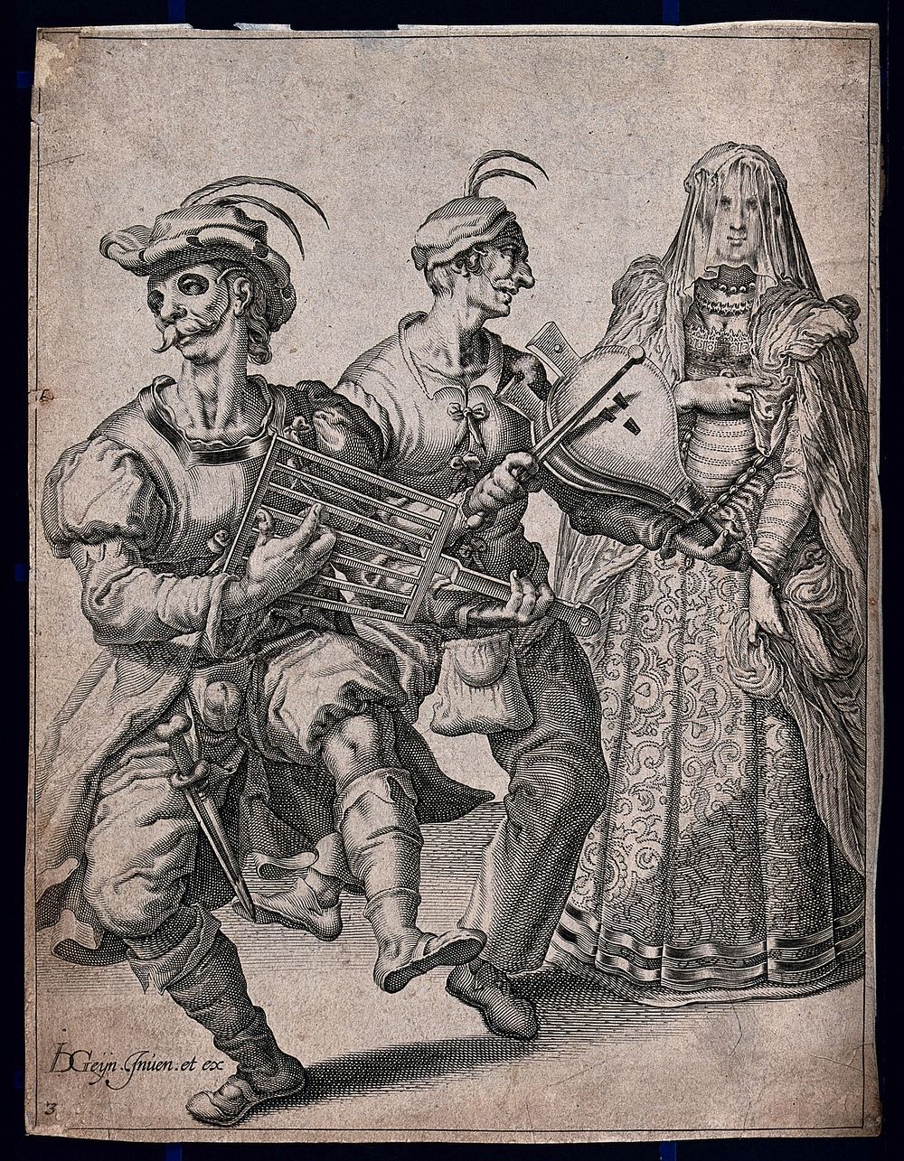 A masquerade: two men in masks pretend to play musical instruments for a young woman who is wearing a veil. Engraving after…