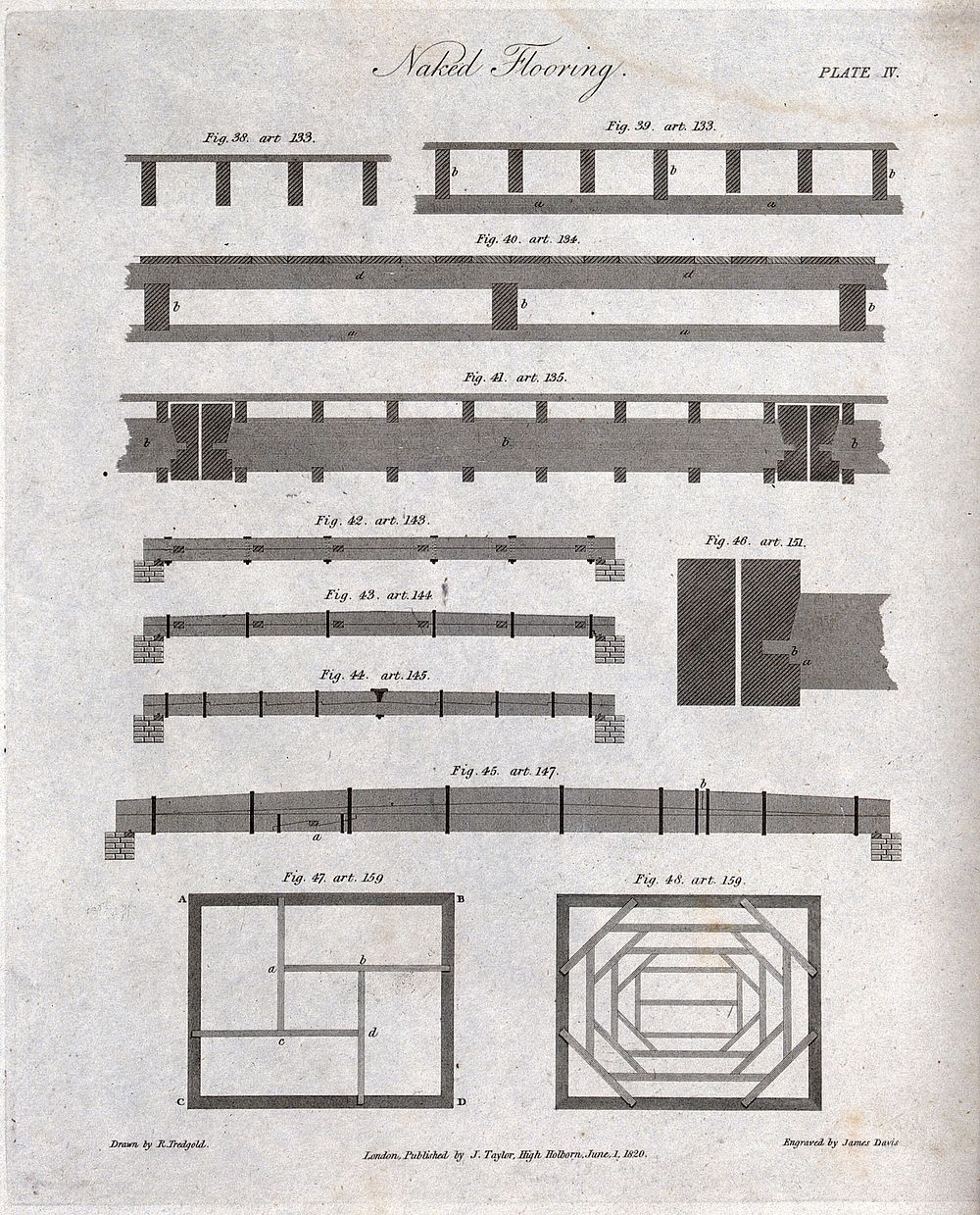Building: floor joists, simple and composite wooden beams. Engraving by J. Davis after R. Tredgold, 1820.