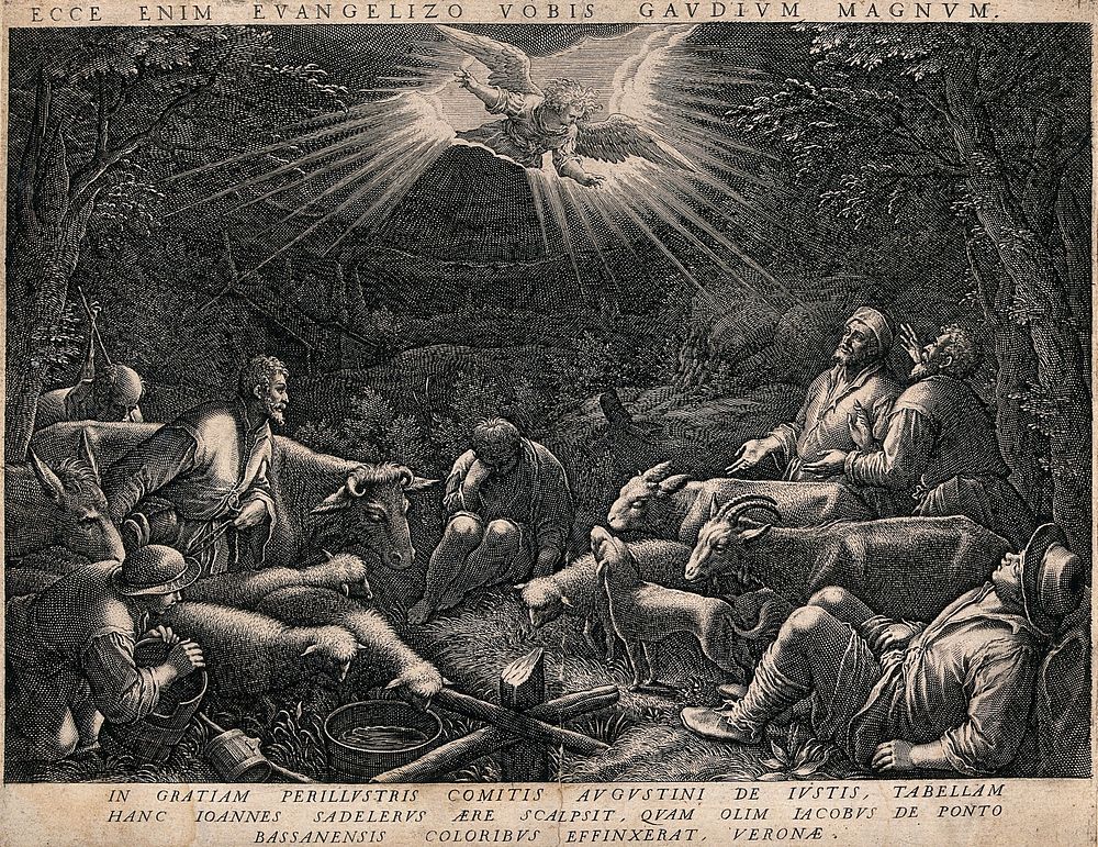 An angel appears to some shepherds in the night. Engraving by J. Sadeler after J. Bassano.