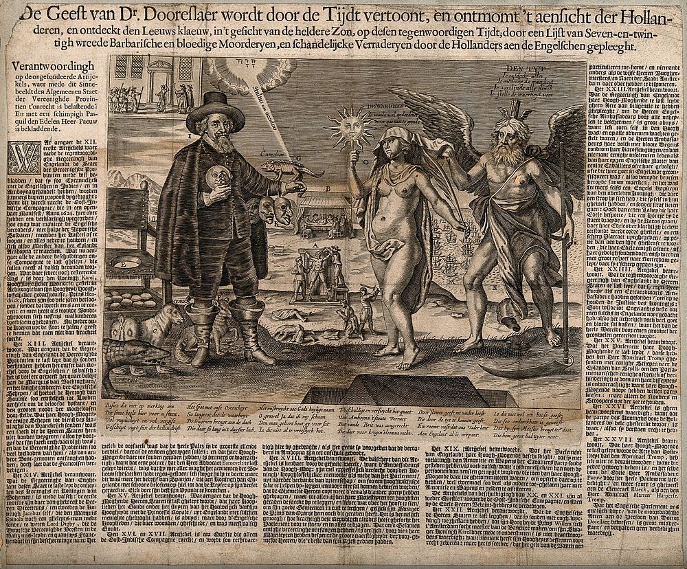 'Dr. Dooreslaer' appearing with mythological figures and scenes of feasting and execution. Line engraving, c. 1650.