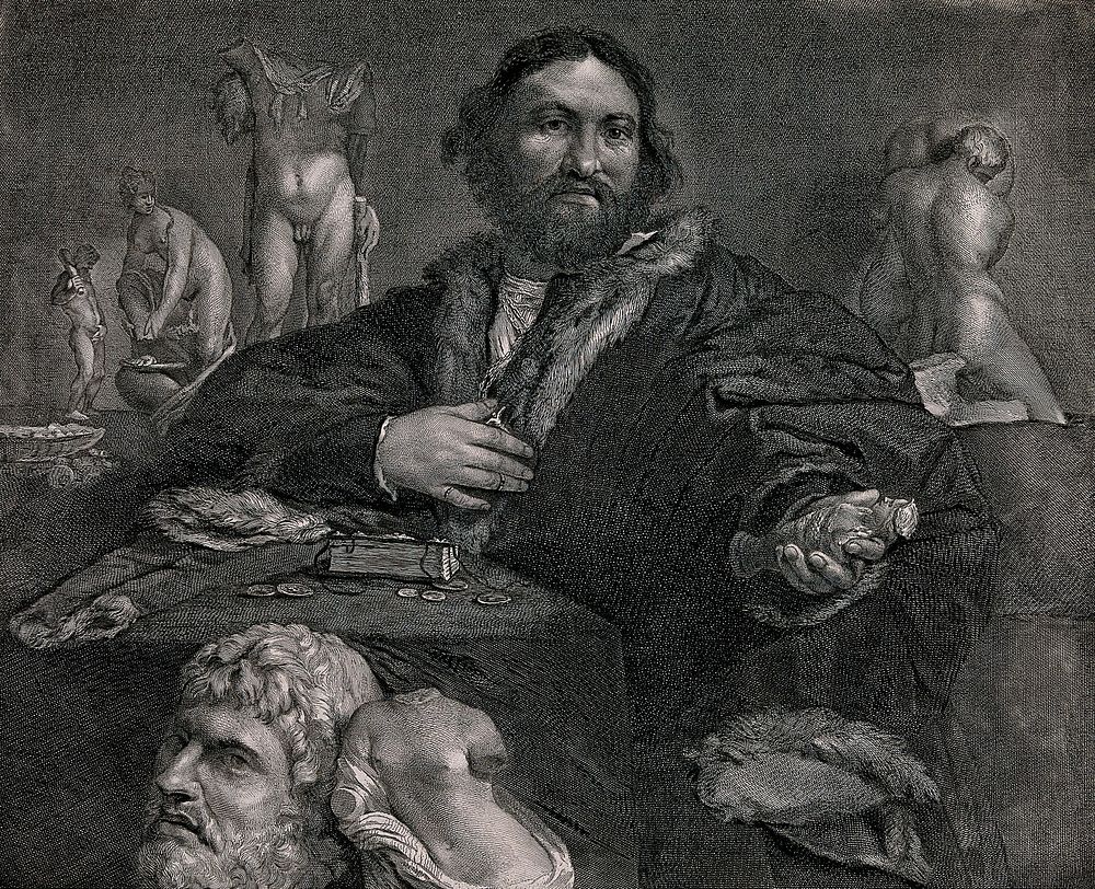 Andrea Odoni in a cloak edged with fur, sitting at a table with a small book and some coins, surrounded by antique statues.…