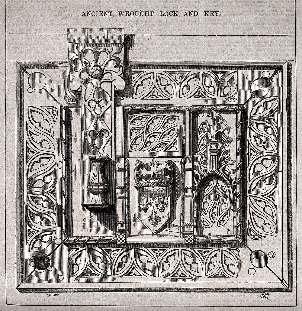 Architecture: a lock and key. Wood engraving by [E. H.].