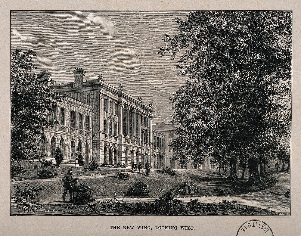 Melrose Hospital, Melrose, Roxburgh, Scotland: the new wing looking west. Wood engraving by C. Butterworth.