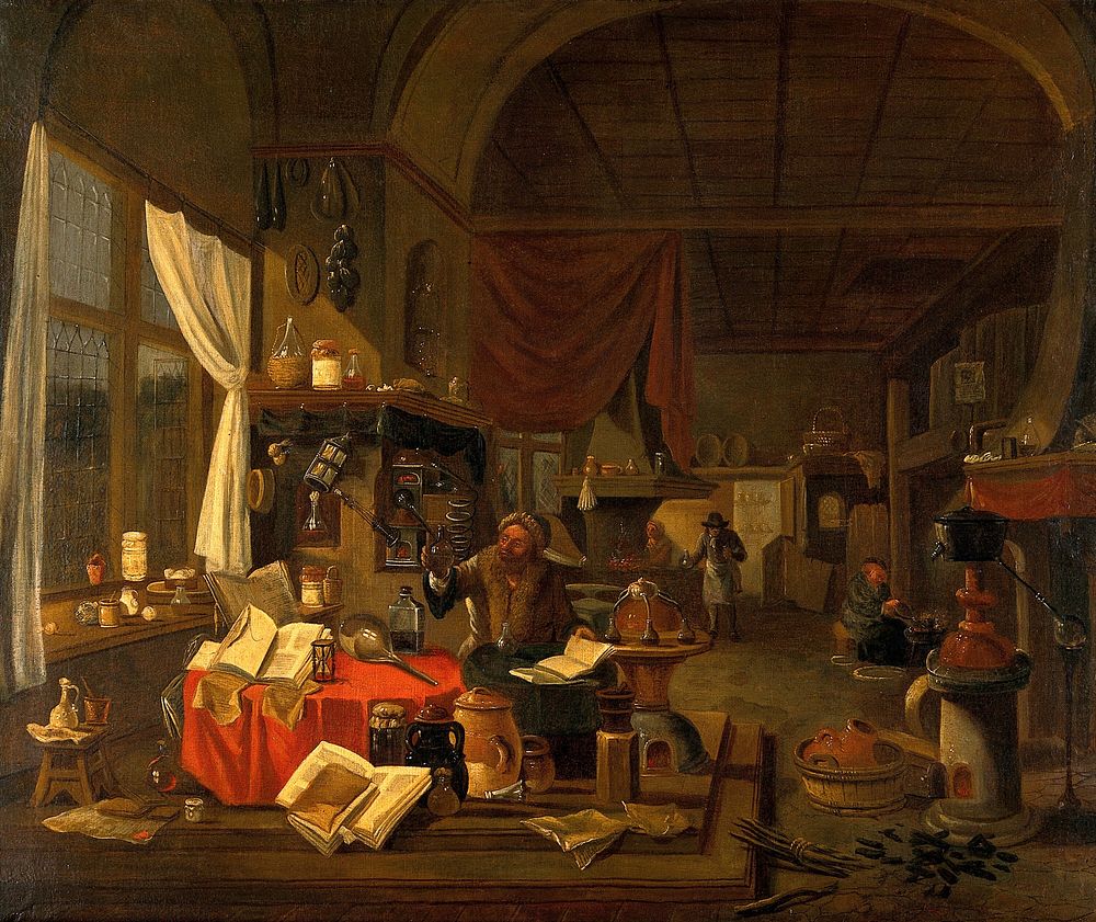 An alchemist's laboratory. Oil painting.