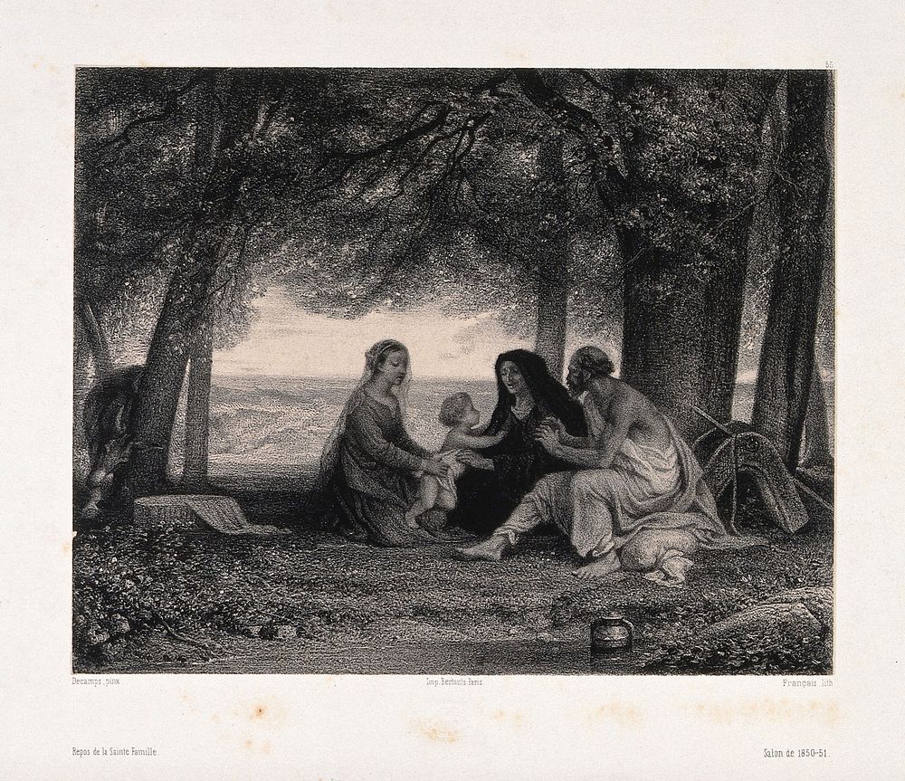 The holy family, including Anne, mother of Mary, at rest. Lithograph by Francais after G-D-J. Descamps, 1851.