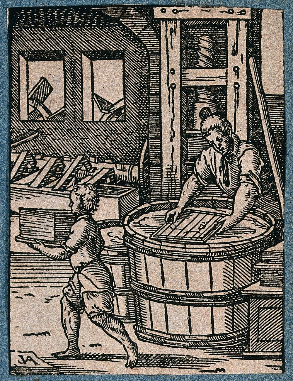 A man making paper; his apprentice carrying away the finished sheets. Woodcut by J. Amman.