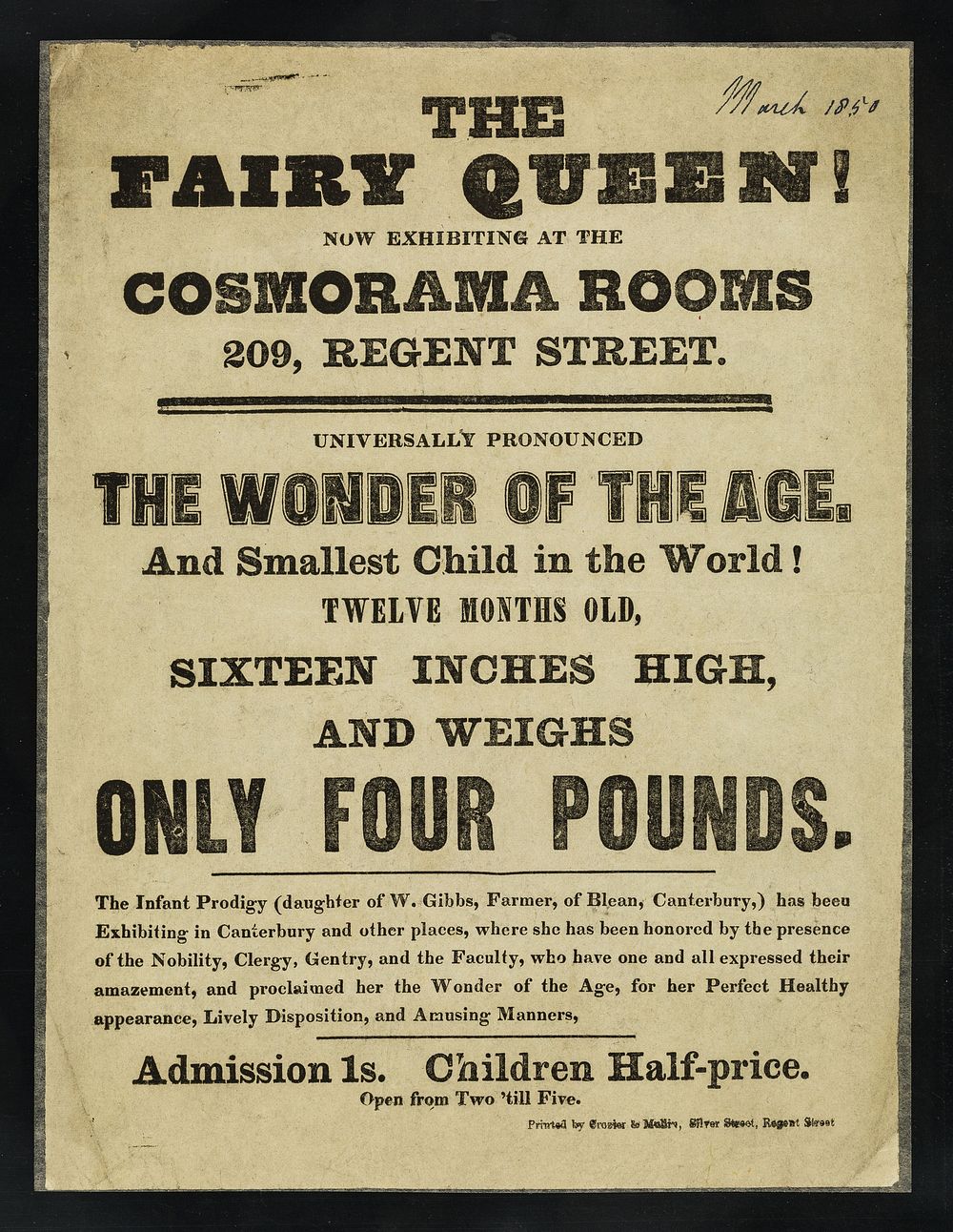 The Fairy Queen : now exhibiting at the Cosmorama Rooms, 209, Regent Street : universally pronounced the wonder of the age…