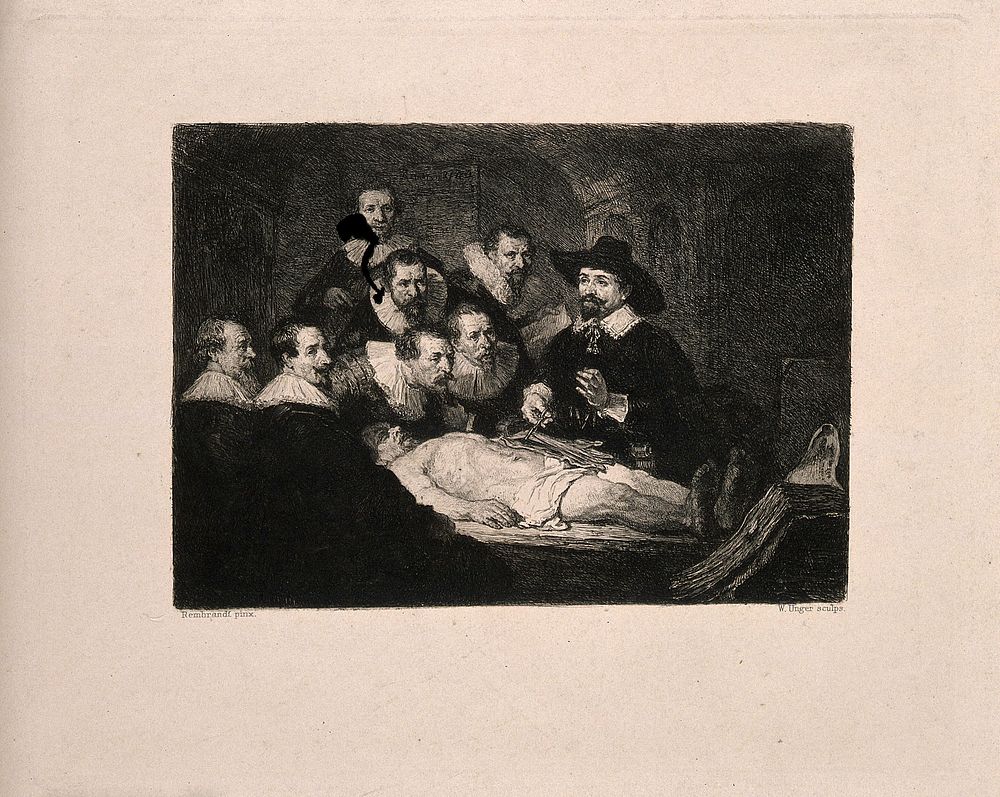 Nicolaus Tulp demonstrating anatomy to seven syndics of the Surgeons' Guild of Amsterdam. Etching by W. Unger after…