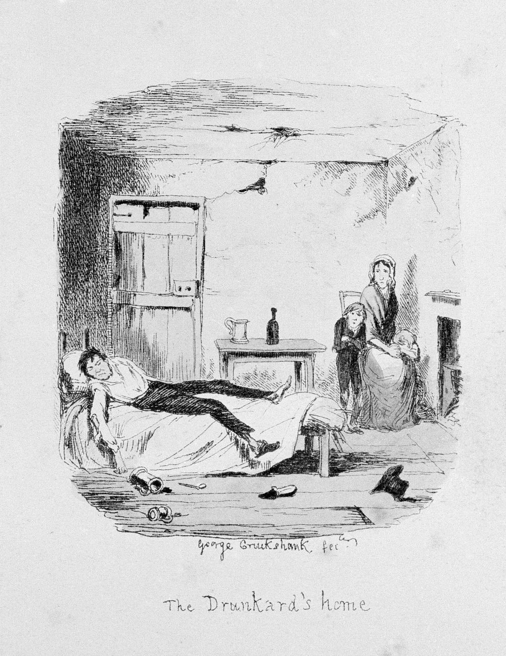A hopeless drunkard lying on his bed watched by his poor wife and son. Coloured etching by G. Cruikshank, c. 1842, after…