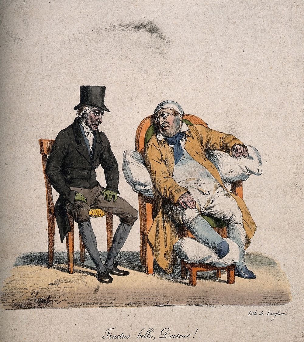 A torpid patient claims to his physician that his debility is a result of serving in the war. Coloured lithograph E.J.…