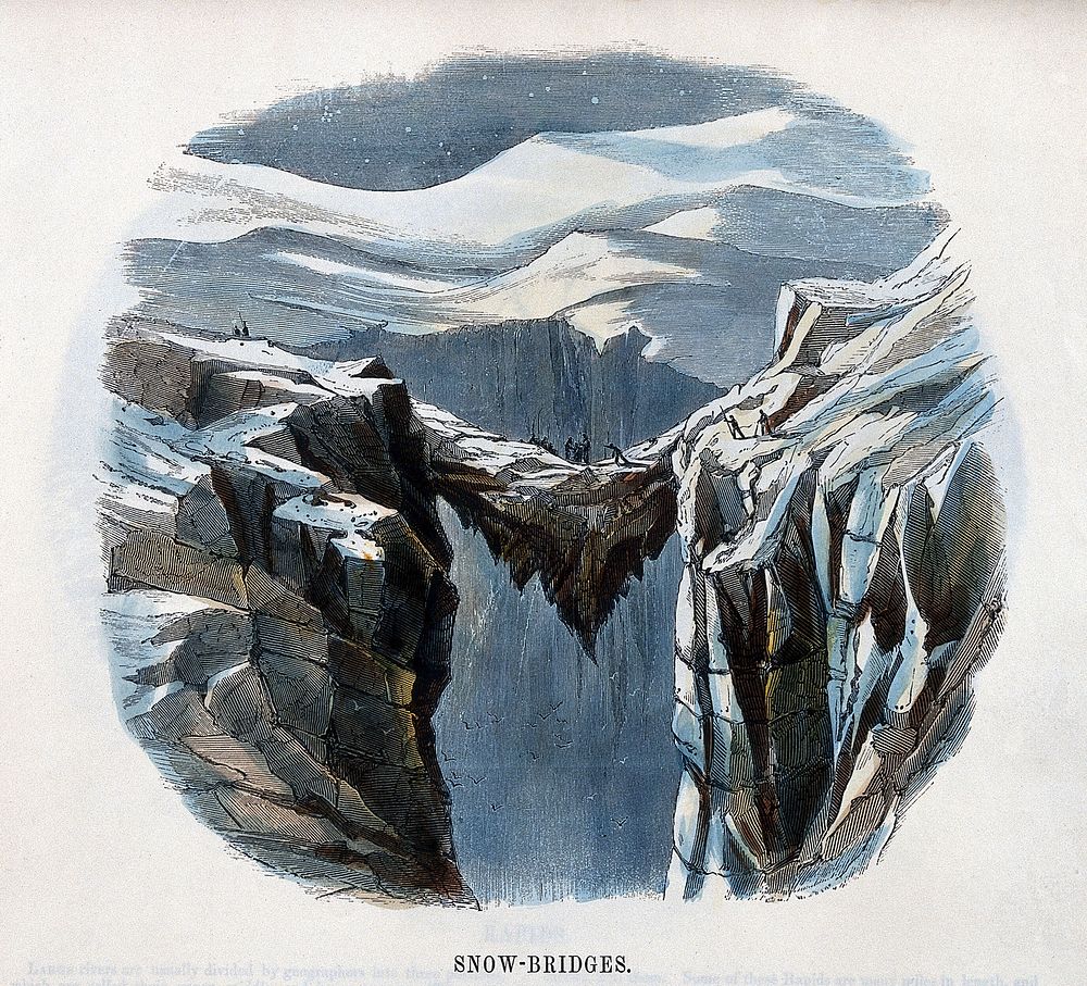 Geography: a snow bridge formed between two glaciers. Coloured wood engraving by C. Whymper.
