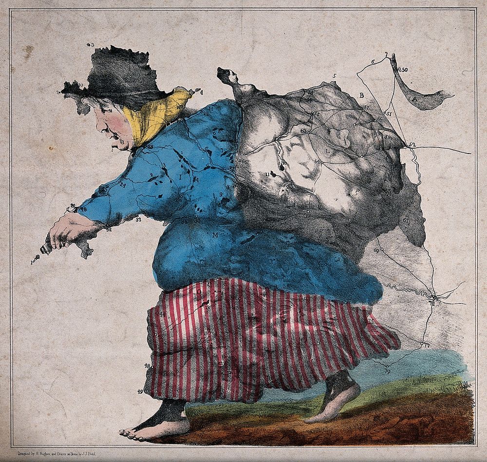 A woman with a load on her back representing the map of North Wales. Lithograph by J.J. Dodd after H. Hughes.
