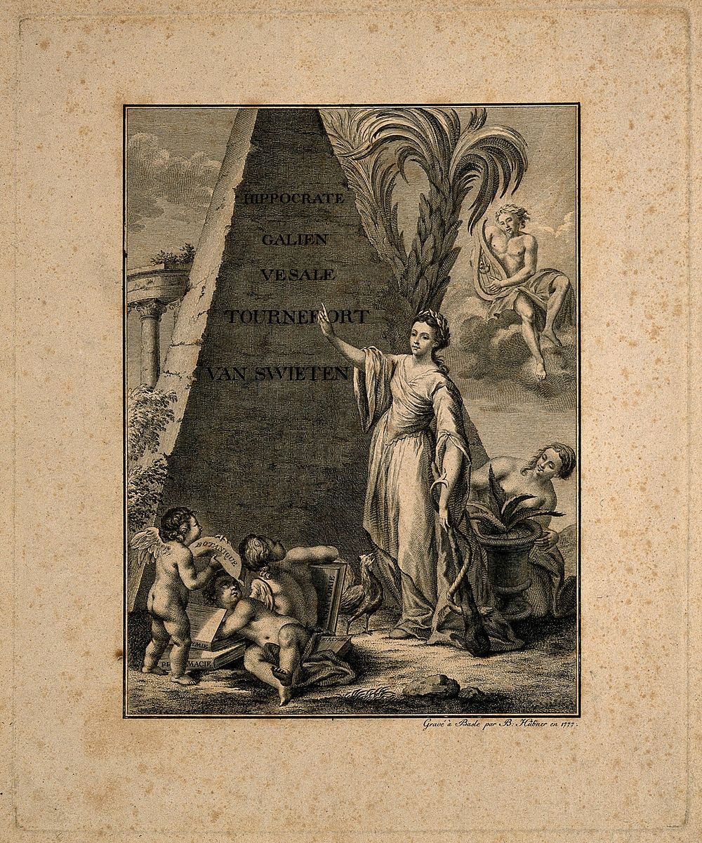 Hygieia stands before a pyramid engraved with the names of famous figures in the history of medicine. Etching by B. Hübner…
